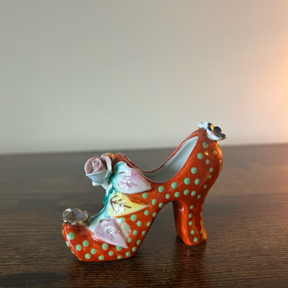 Miniature Vintage Porcelain Floral Polka Dot High Heel Figurine
